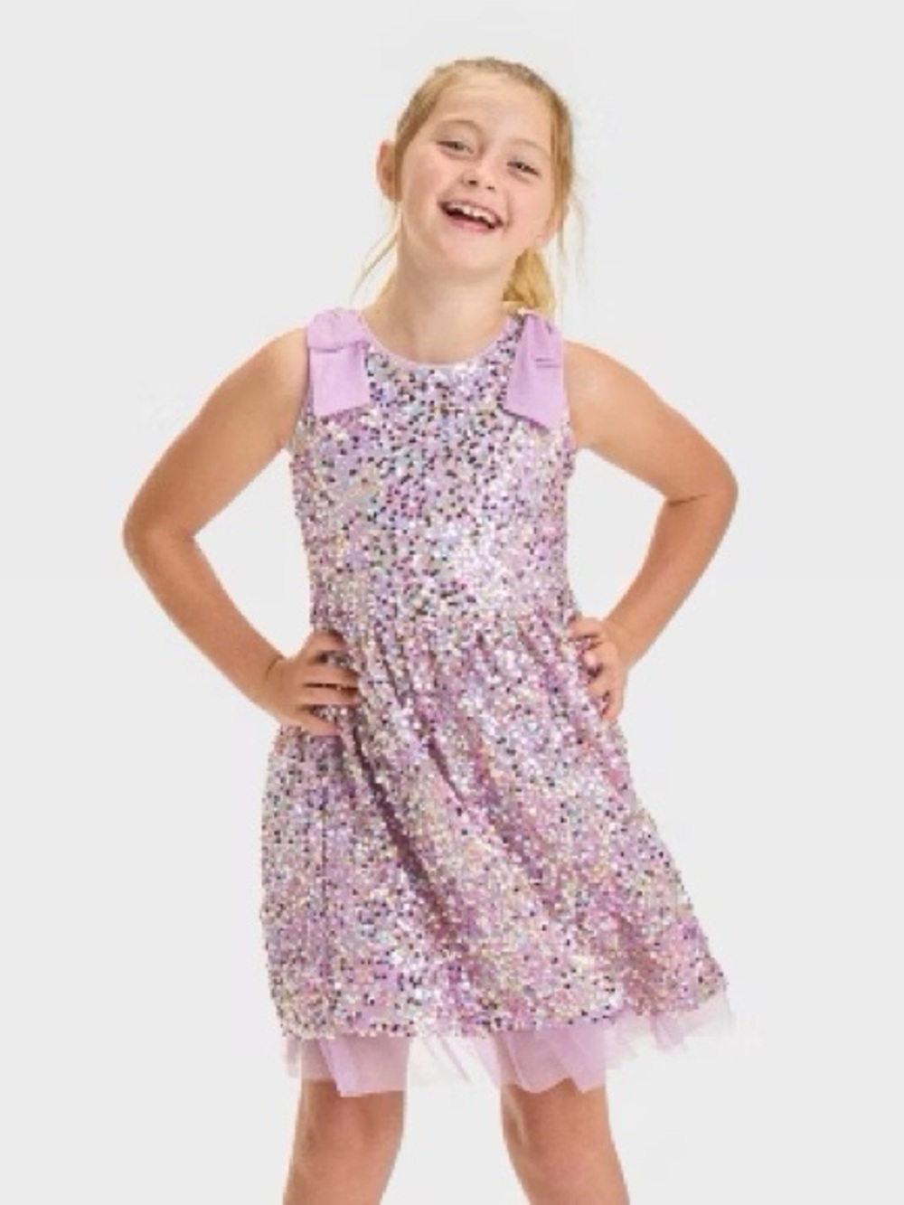 Cat & Jack Lavender Sequin Bow-Shoulder Party Dress 6/7